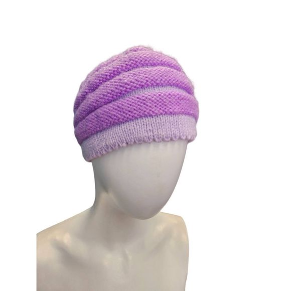 Hand Knit Purple Ribbed Hat Womens Adult Fall Winter - Picture 2 of 4